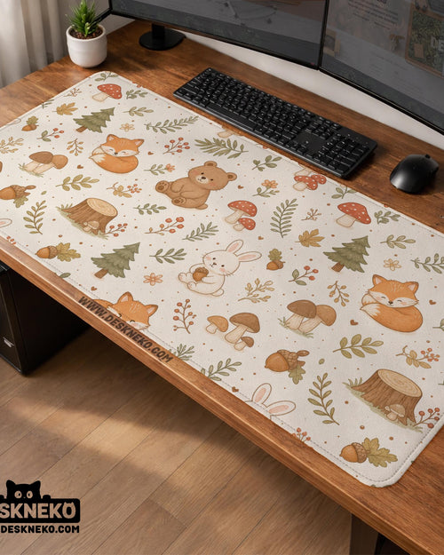 Cream desk mat with a woodland animal pattern featuring foxes, bunnies, mushrooms, berries, acorns, and sage leaves in soft green tones.