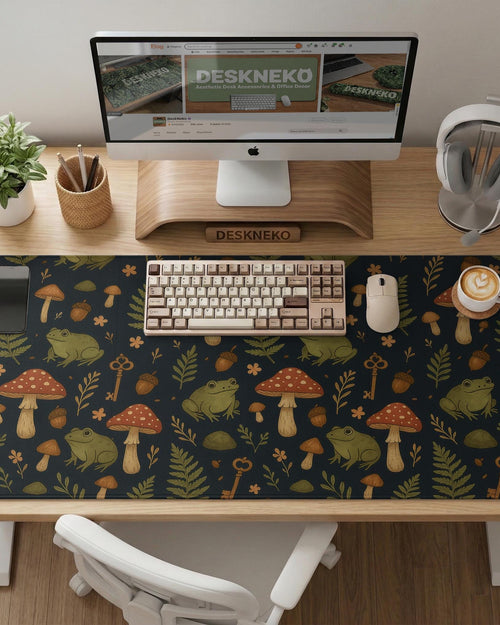 Dark forest-themed desk mat with an all-over pattern of frogs, mushrooms, fern leaves, acorns, tiny flowers, and antique keys.