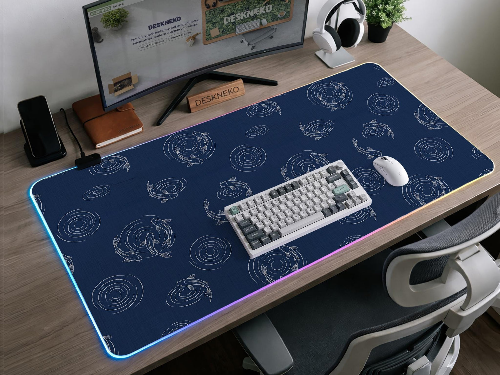 Navy blue desk mat with a Japanese koi fish pattern in light blue and white tones.