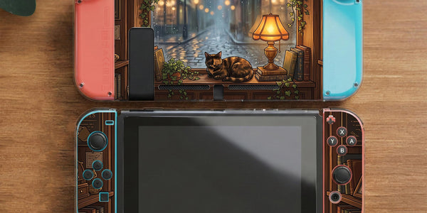 A Switch case design showing a cozy library scene with a sleeping cat, bookshelves, warm lamp light, plants, and rain outside.