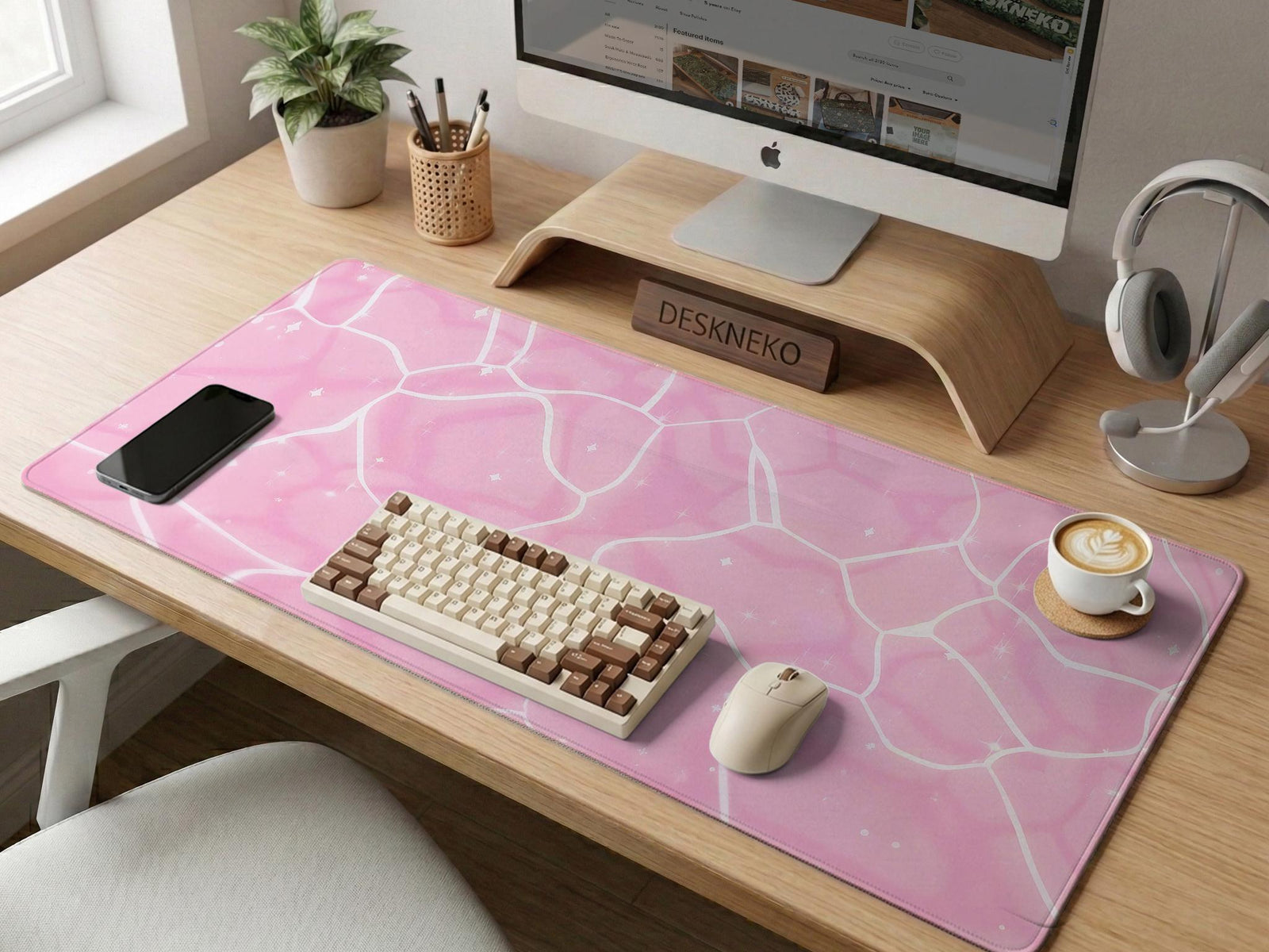 Soft pink desk mat with a kawaii cloud-marble pattern, white crackle lines, and small star accents.