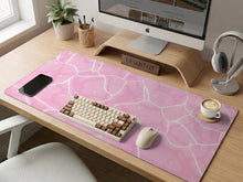 Soft pink desk mat with a kawaii cloud-marble pattern, white crackle lines, and small star accents.