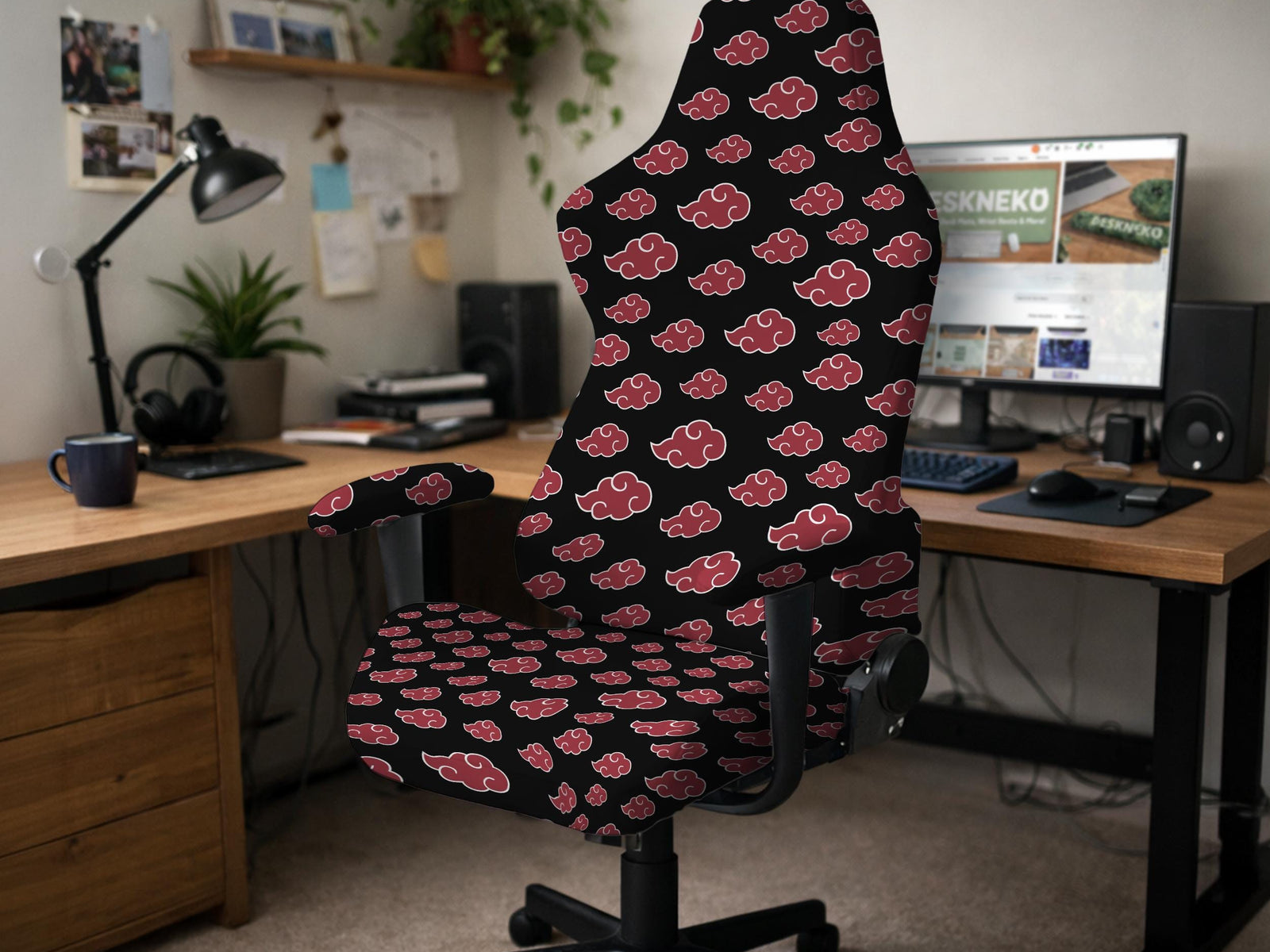 Dark red and black cloud pattern chair cover shown on a high back gaming chair with armrests.