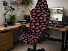 Dark red and black cloud pattern chair cover shown on a high back gaming chair with armrests.