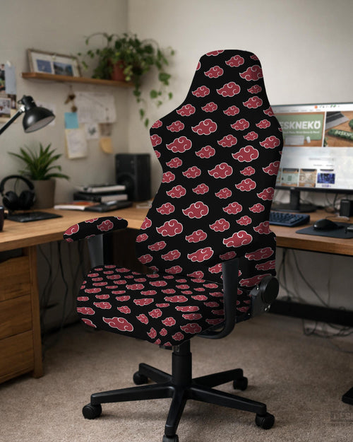 Dark red and black cloud pattern chair cover shown on a high back gaming chair with armrests.