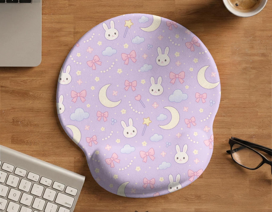 Lavender mouse pad and keyboard wrist rest with bunny faces, clouds, crescent moons, pink bows, and small stars.