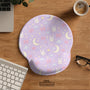 Lavender mouse pad and keyboard wrist rest with bunny faces, clouds, crescent moons, pink bows, and small stars.