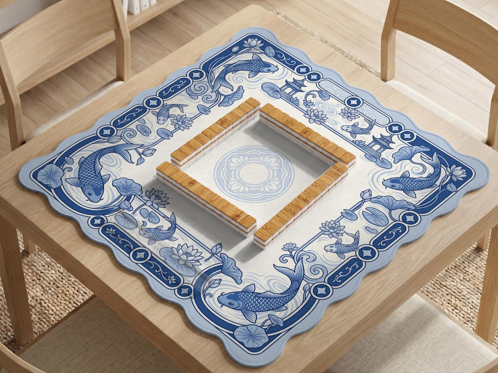 Navy blue square mahjong table mat with lotus flowers and koi fish in a porcelain-style border and a plain center.