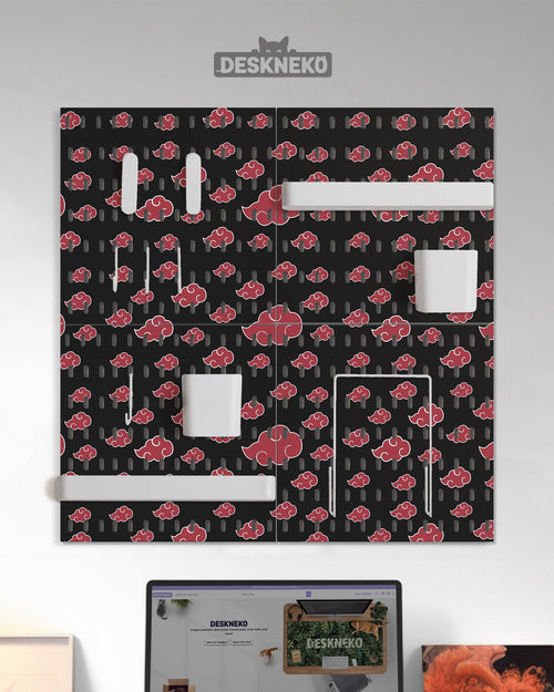 Black pegboard set with a red cloud pattern, shown as four square panels with hooks, shelves, containers, clips, and a letter holder.