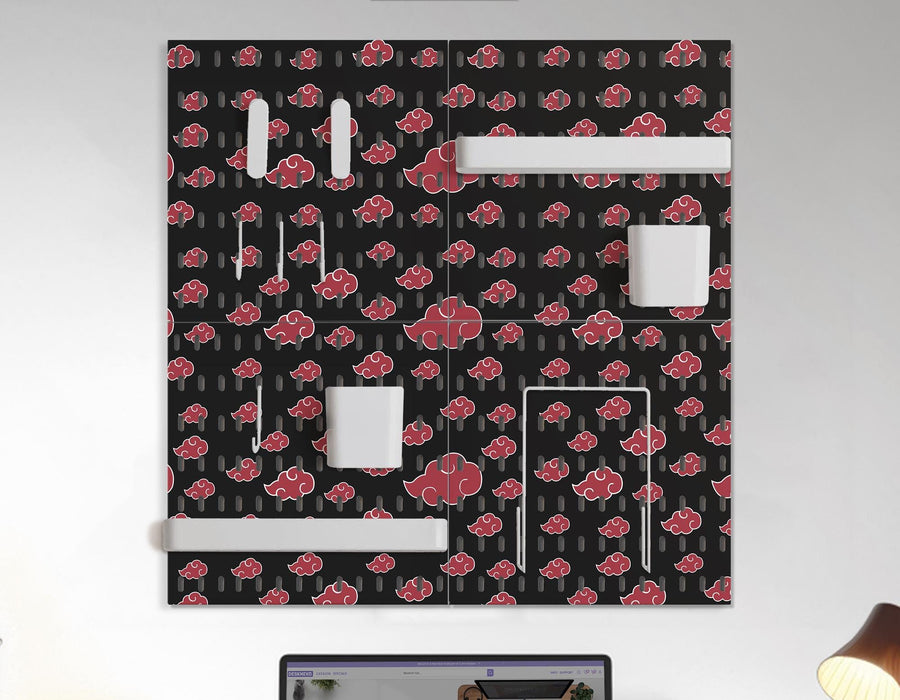 Black pegboard set with a red cloud pattern, shown as four square panels with hooks, shelves, containers, clips, and a letter holder.