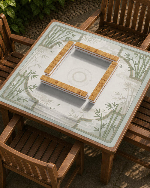 Square mahjong mat with a bamboo garden design, sage green corner panels, an ivory linen-style center, and subtle mist shapes.