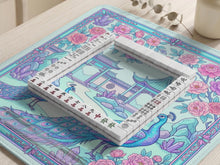 Pastel aqua mahjong table mat with peacock birds, pink flowers, pavilion details, and ornate floral linework.