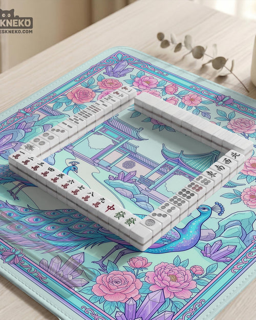 Pastel aqua mahjong table mat with peacock birds, pink flowers, pavilion details, and ornate floral linework.