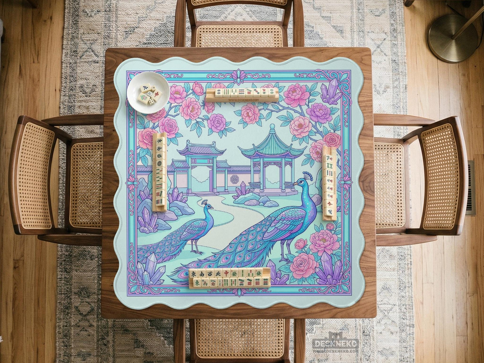 Turquoise square mahjong mat with a pastel floral garden scene, peonies, crystals, pavilion architecture, and ornate corner details.
