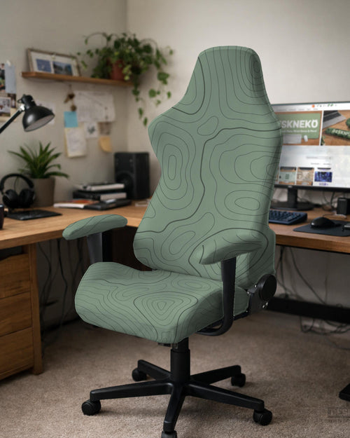 Sage green chair cover with a topographic contour-line pattern on a high-back gaming or office chair.