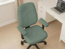 Sage green chair cover with a topographic line pattern shown on a desk chair, with armrest openings visible.
