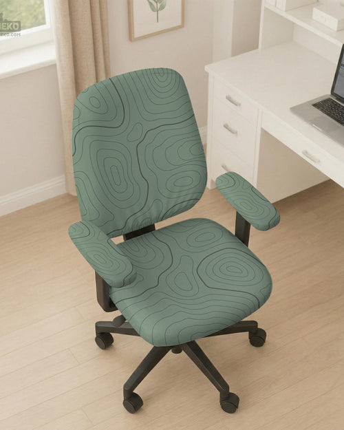 Sage green chair cover with a topographic line pattern shown on a desk chair, with armrest openings visible.
