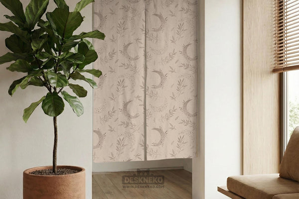 Beige door curtain with a crescent moon, leafy botanical branches, gray line art, and dotted celestial details.