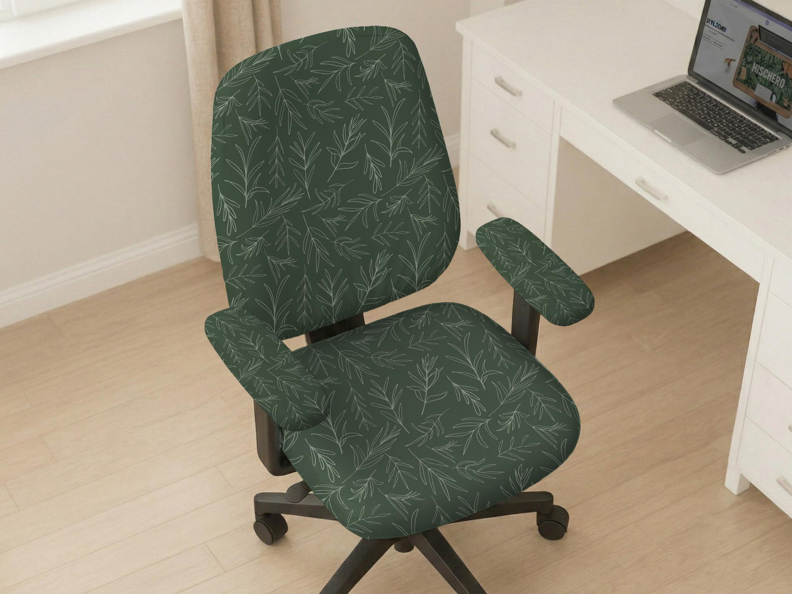 Sage green line-art leaf print chair cover shown with office chair cover options, including full cover, back and seat cover, seat-only cover, and armrest-only cover.