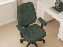 Sage green line-art leaf print chair cover shown with office chair cover options, including full cover, back and seat cover, seat-only cover, and armrest-only cover.