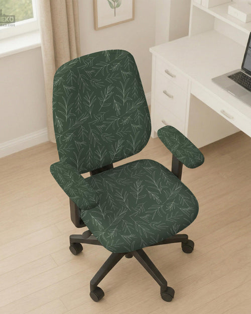 Sage green line-art leaf print chair cover shown with office chair cover options, including full cover, back and seat cover, seat-only cover, and armrest-only cover.