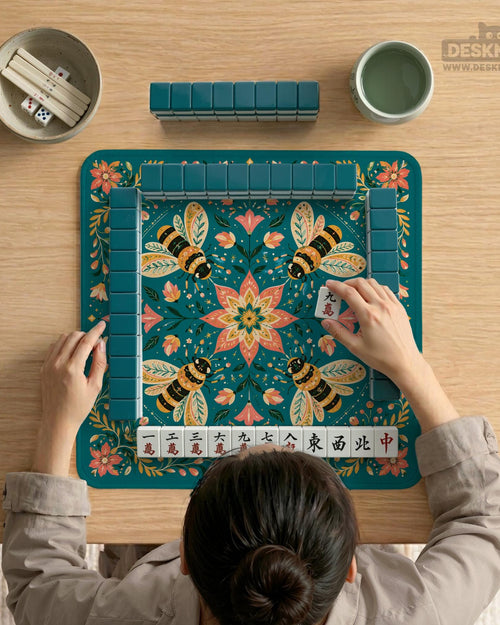 Green mahjong mat with a botanical bee and floral mandala design in teal, coral, cream, and gold.