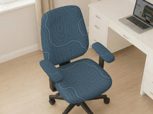 Patina blue desk chair cover with a minimal line art pattern shown on a swivel office chair.