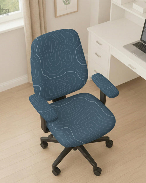 Patina blue desk chair cover with a minimal line art pattern shown on a swivel office chair.