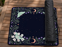 Navy square mahjong mat with a floral border, copper moons, scattered stars, pale moths, and leafy botanical details.
