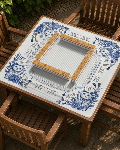 Blue and white mahjong mat with lucky cat illustrations, floral corner details, and a framed play area with printed guidance text.