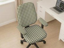 Olive green and white check desk chair cover shown on a chair, with stretch fabric, armrest cover options, and multiple fit choices listed.