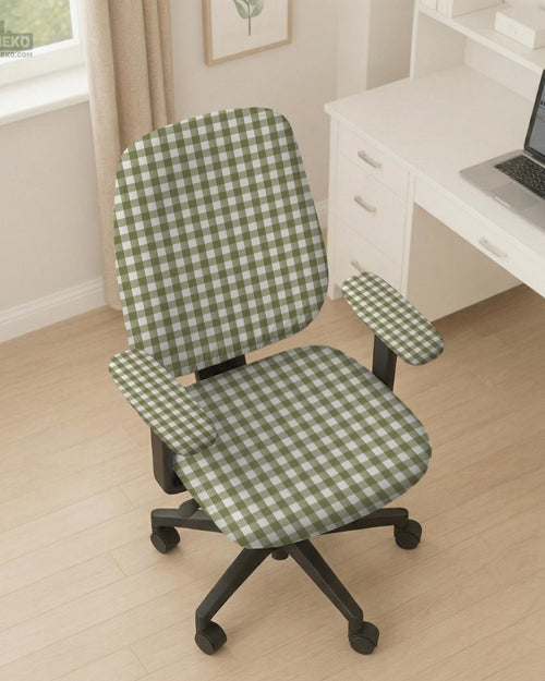 Olive green and white check desk chair cover shown on a chair, with stretch fabric, armrest cover options, and multiple fit choices listed.