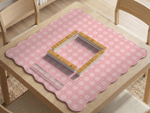 Pink scalloped square mahjong mat with a gingham check pattern, small flowers, and tiny heart details.