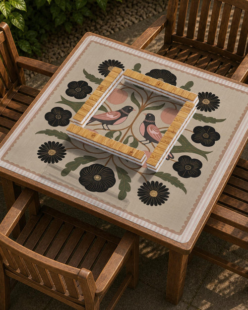 Olive-colored mahjong mat with bird and floral artwork, blush fruit accents, black flowers, and a beige woven-look background.