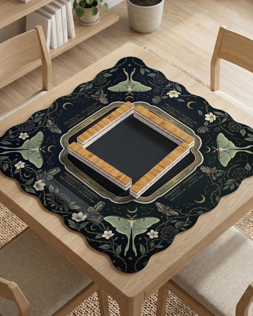 A dark floral mahjong mat with a scalloped edge, moth and flower artwork, and an American Mahjong rules layout on a dark background.