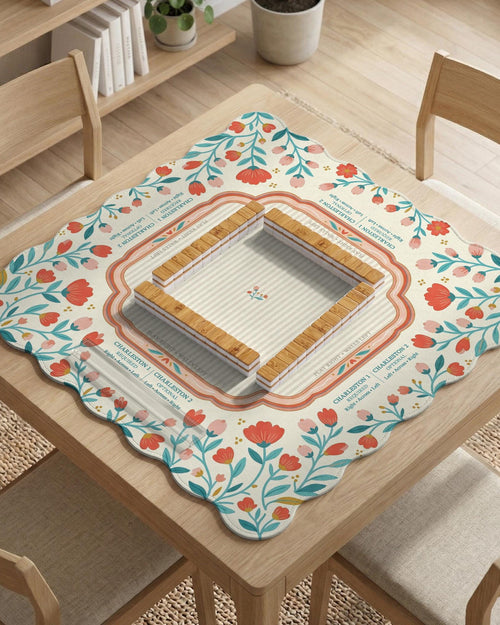 Cream square mahjong mat with coral flowers, teal stems, and a soft scalloped border.