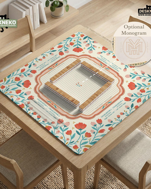 Cream square mahjong mat with a floral coral and teal botanical border and a blank center area.