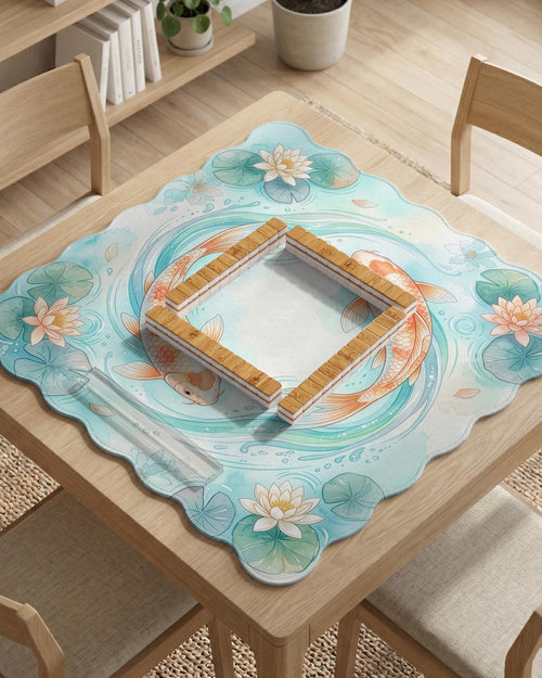 Aqua square mahjong mat with orange koi fish, water lily flowers, lily pads, and flowing pond line artwork, shown with a scalloped edge.