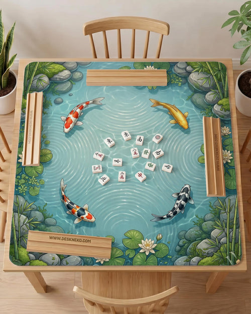 Aqua blue square mahjong mat with koi fish swimming among lotus blooms, green lily pads, and pond water.