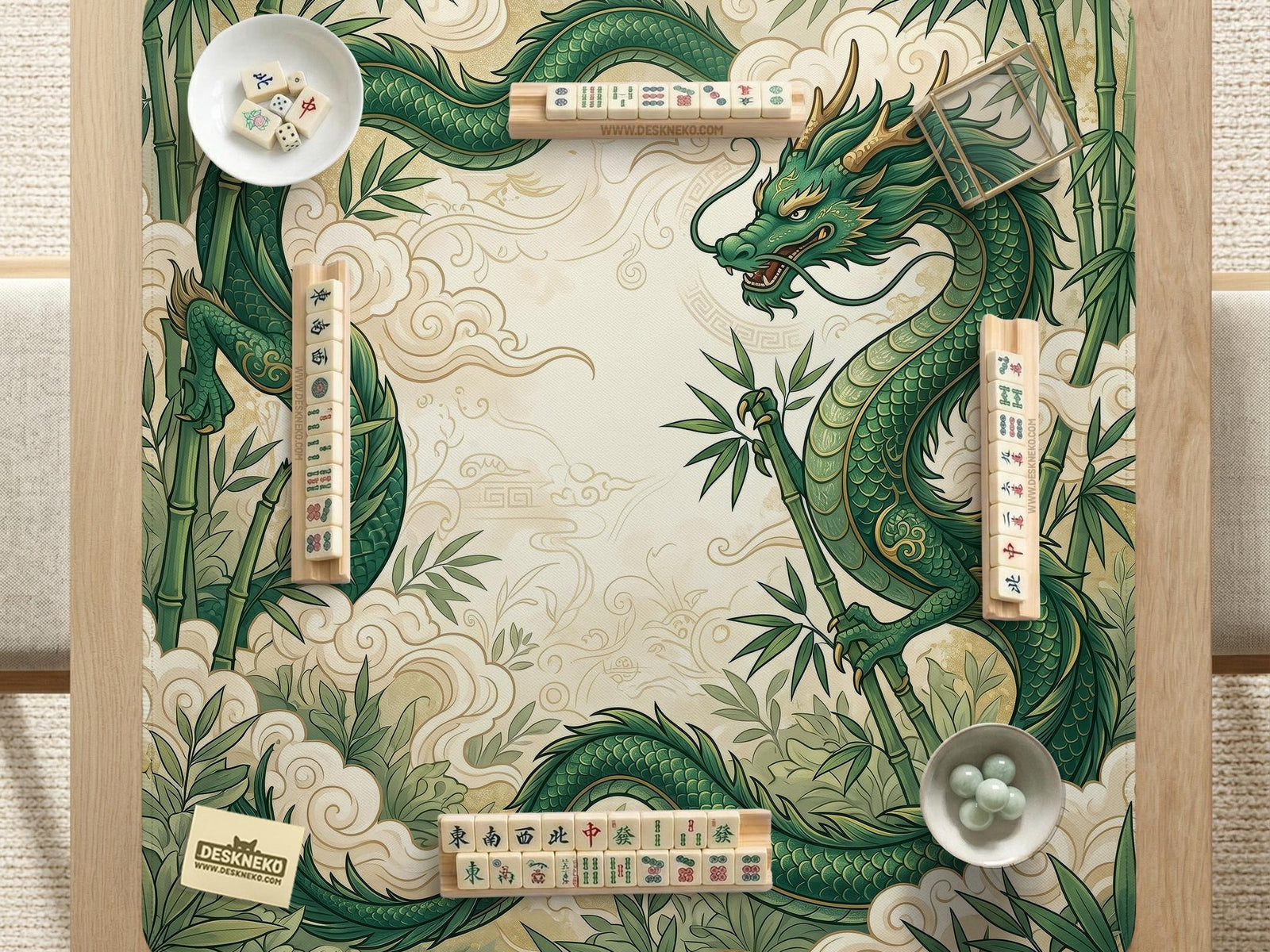 Green square mahjong mat with a dragon border, bamboo artwork, cream cloud details, and an open center.