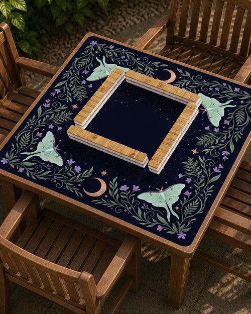Navy square mahjong mat with a moon, moth, stars, and floral botanical border around an open center play area.