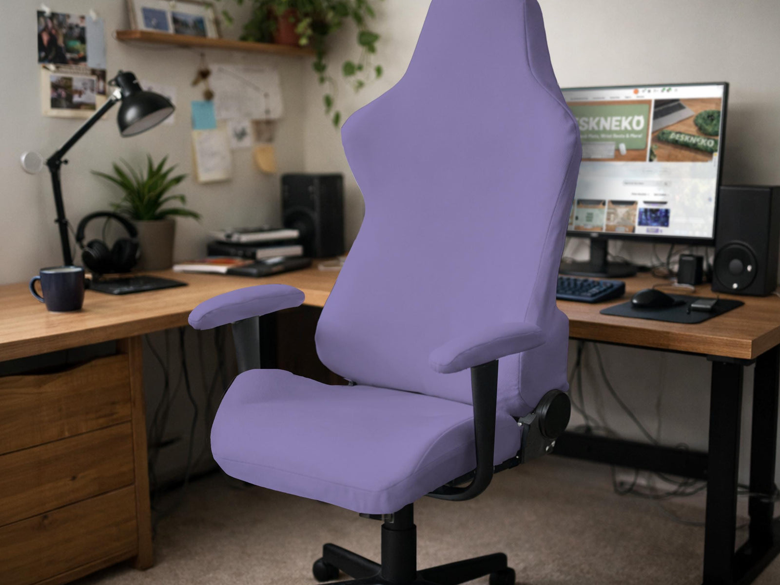 Purple chair cover options shown for gaming chairs and office chairs, including full chair covers, back-and-seat covers, seat-only covers, and armrest-only covers.