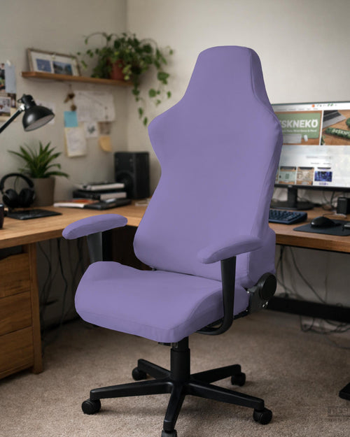 Purple chair cover options shown for gaming chairs and office chairs, including full chair covers, back-and-seat covers, seat-only covers, and armrest-only covers.