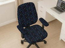 An indigo desk chair cover with a dragon scale pattern in blue, navy, purple, and copper tones, shown as a stretch slipcover with coverage options.