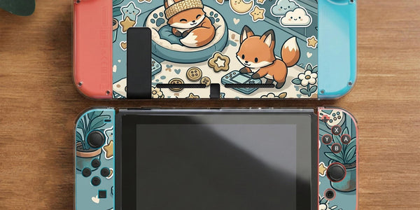 Blue Switch carrying case with cute fox characters, moon and star details, and small potted plants with beige accents.