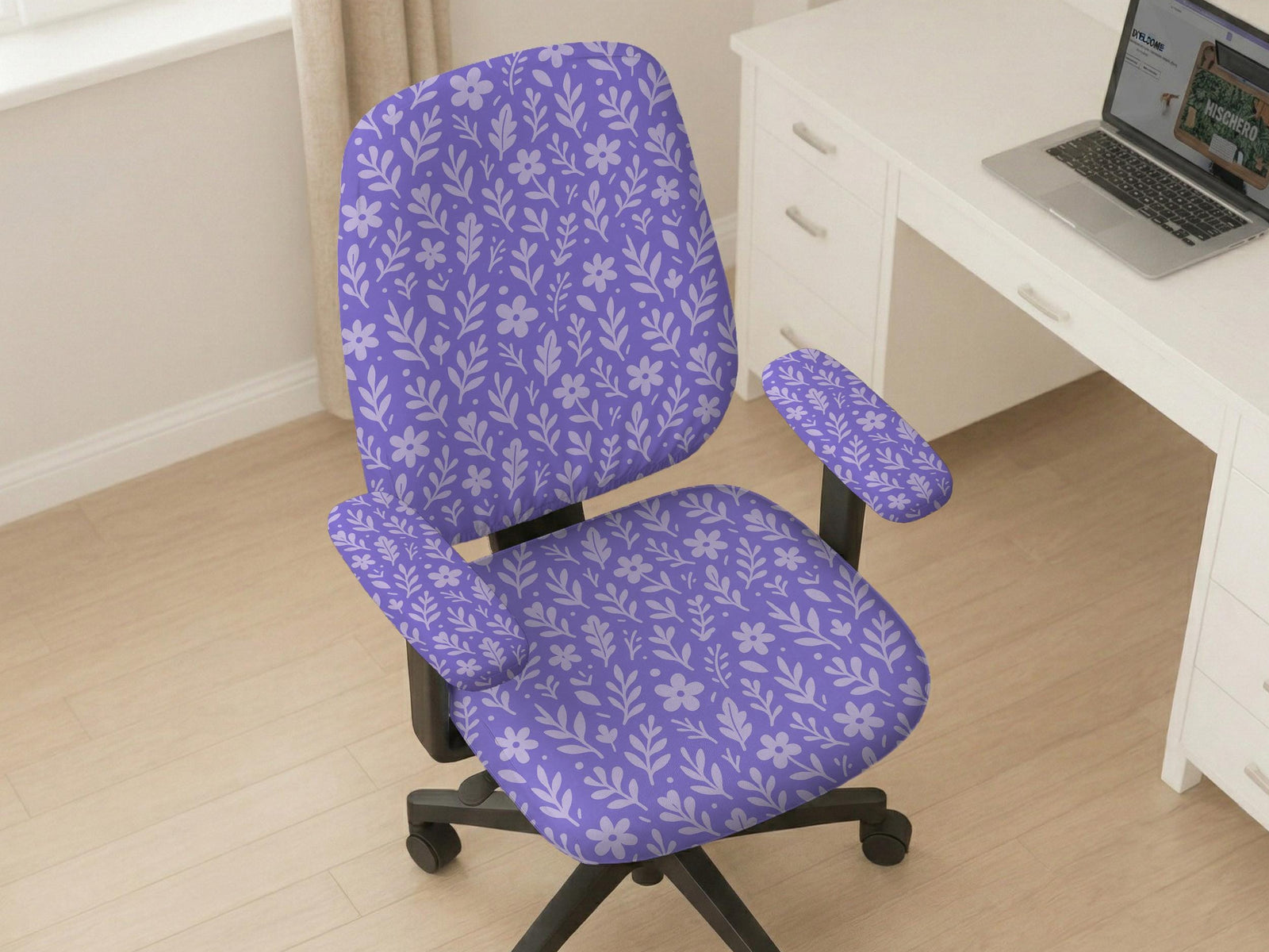 Purple desk chair cover with a botanical floral pattern shown in multiple slipcover options for full chair, back and seat, seat-only, and armrest-only coverage.