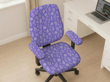 Purple desk chair cover with a botanical floral pattern shown in multiple slipcover options for full chair, back and seat, seat-only, and armrest-only coverage.