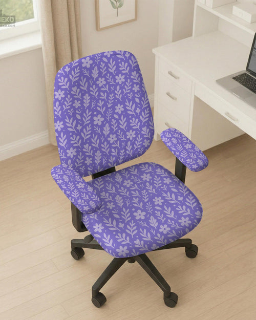Purple desk chair cover with a botanical floral pattern shown in multiple slipcover options for full chair, back and seat, seat-only, and armrest-only coverage.