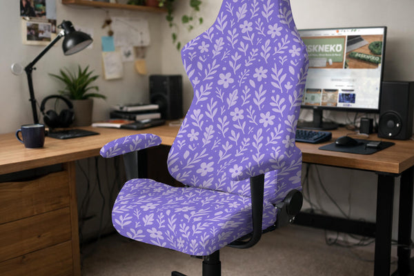 Purple chair cover with a floral print shown on a high back office chair.