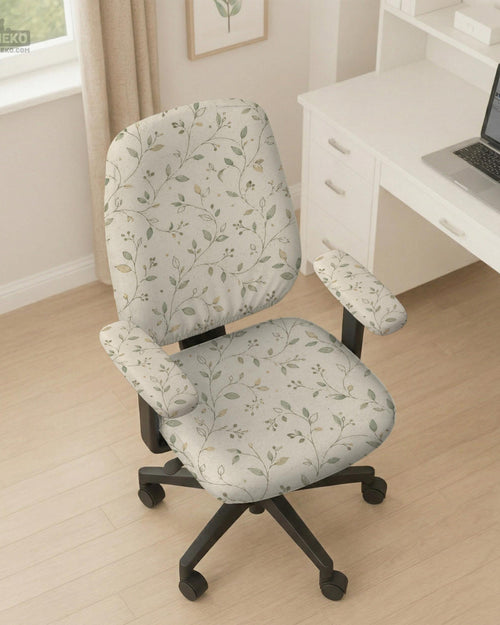 Cream floral chair covers with muted sage leaves and fine vine details on an ivory background, shown as multiple slipcover options for chair backs, seats, and armrests.
